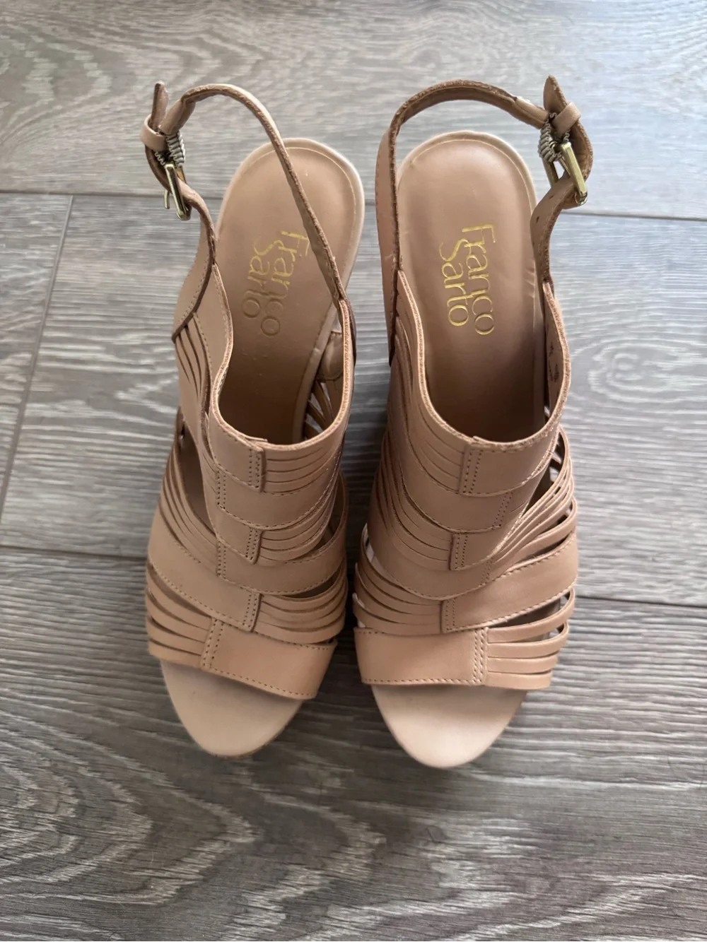 Franco Sarto Sharp tan leather cork wedge slingback sandals